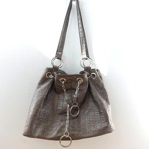 Crocodile Bag Leather Shoulder Gray Bucket Purse Embossed Studded Exotic Faux